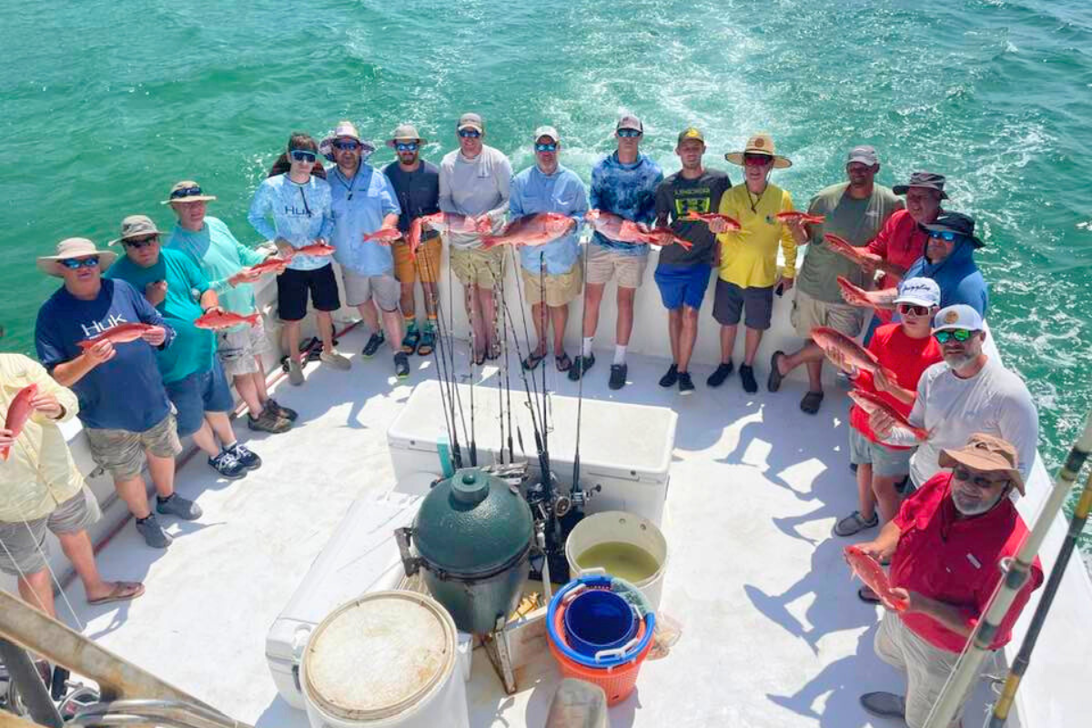 huge group aboard the no doubt on private offshore fishing trip out of fort morgan, alabama
