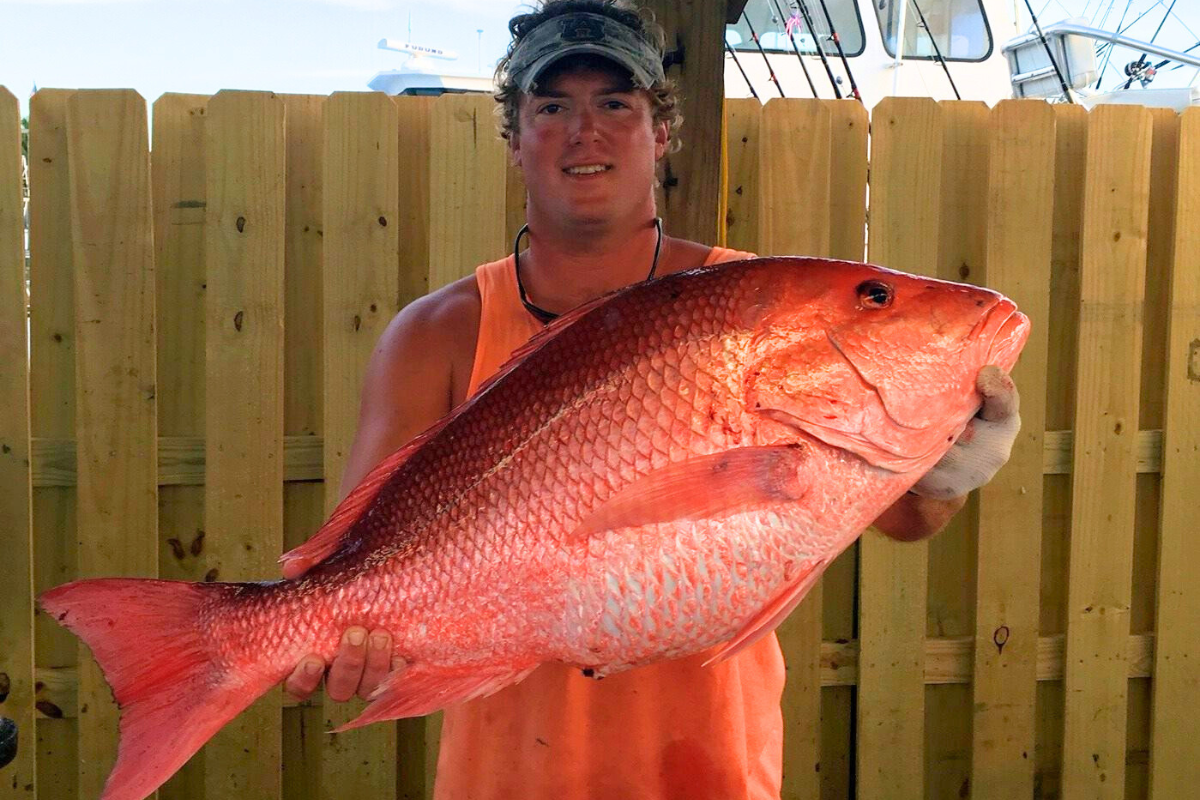 captain Chase Newton showing off giant red snapper caught off the gulf coast of alabama