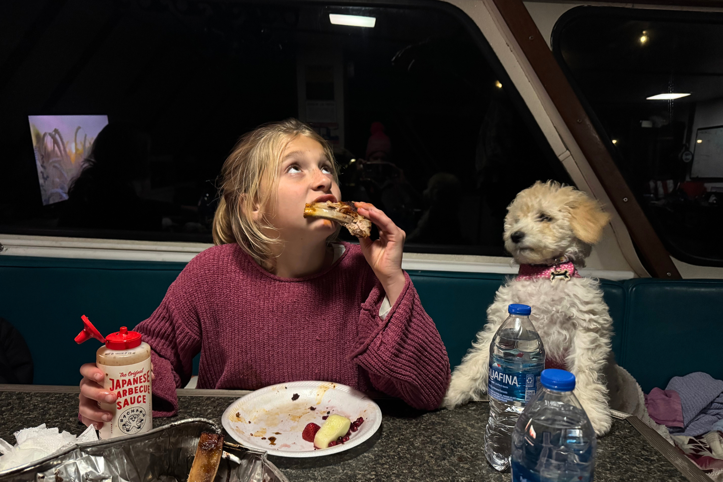 late night on boat with a puppy and dinner