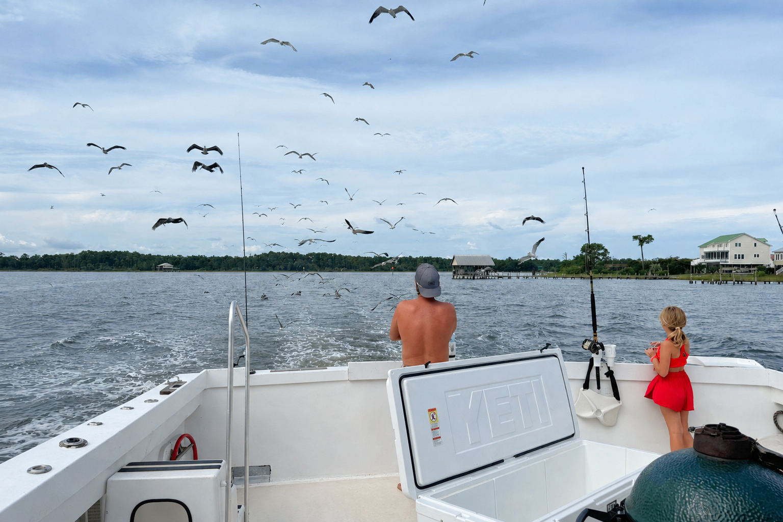 scenic view of leaving fort morgan marina on charter fishing boat with birds flying and people fishing