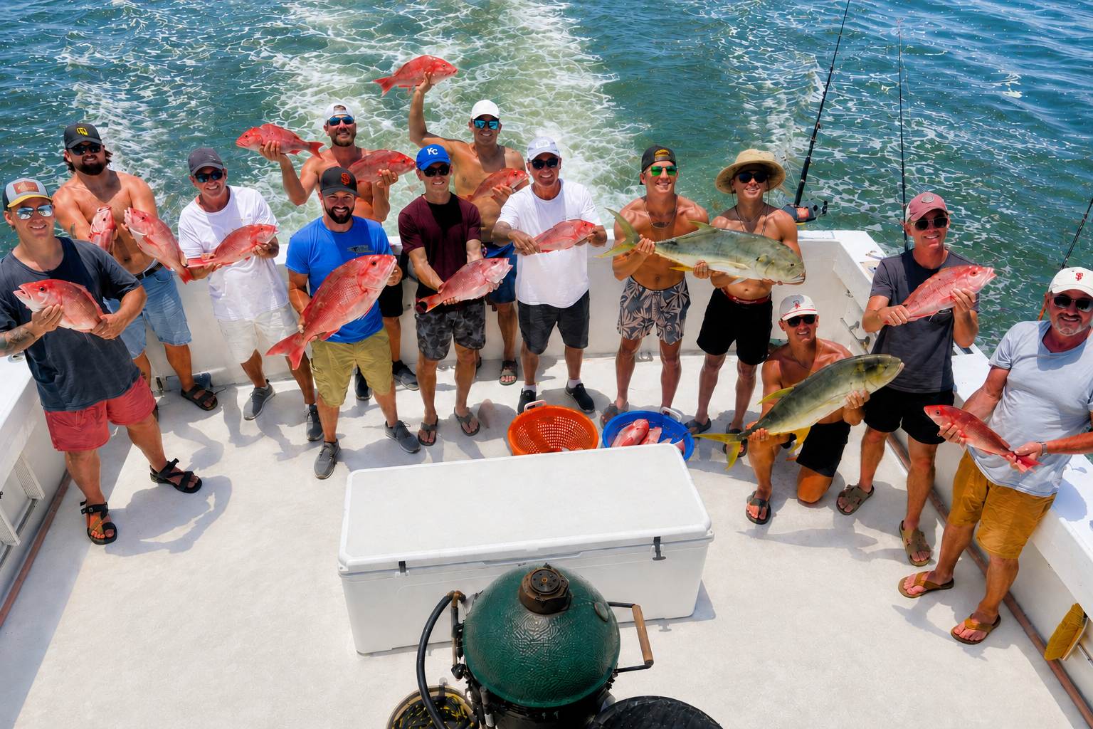 large group of guys holding snapper on back of offshore fishing boat caught out of fort morgan, alabama