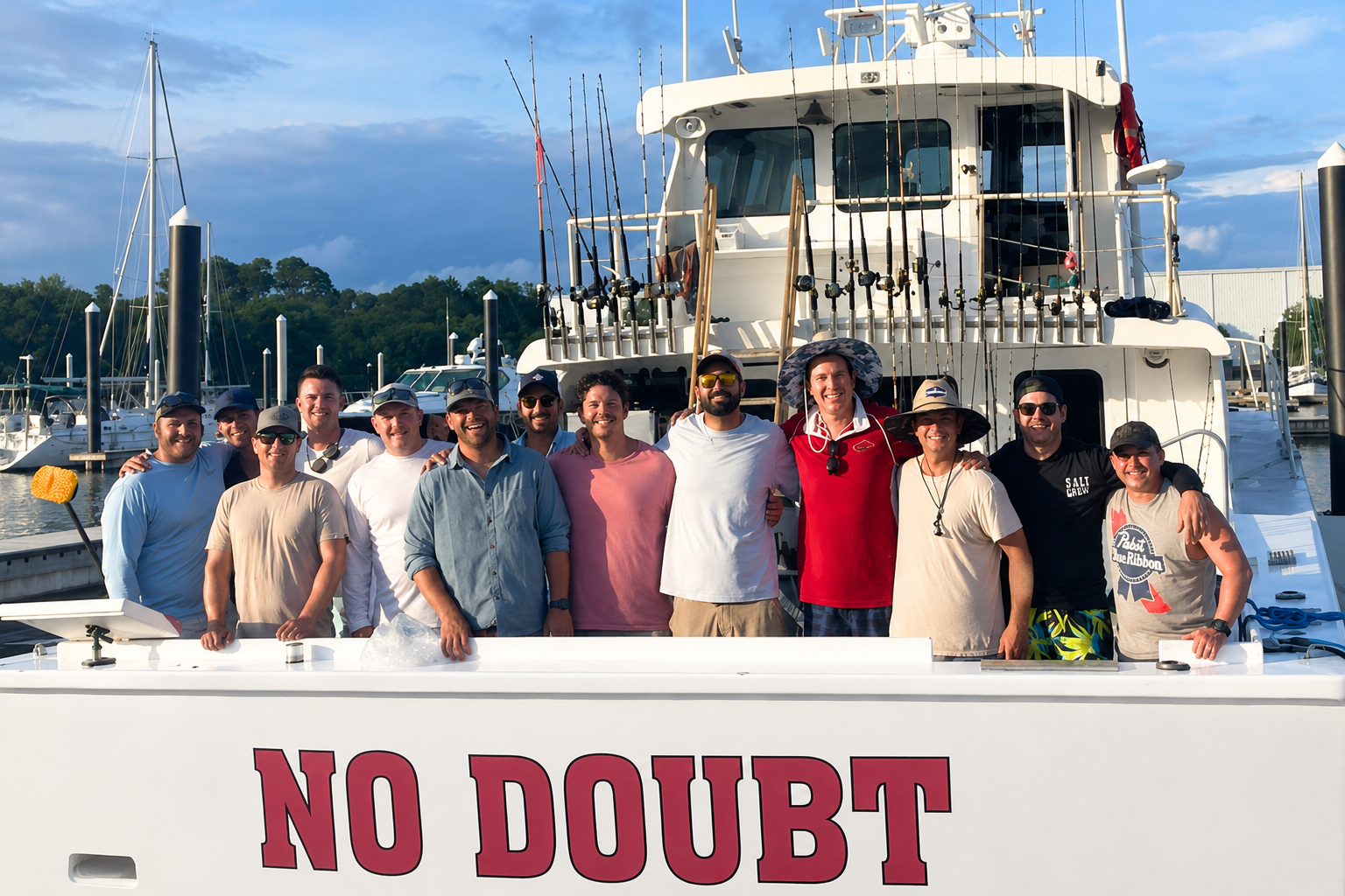 a large group of guys headed out on red snapper charter fishing trip in the Gulf of America