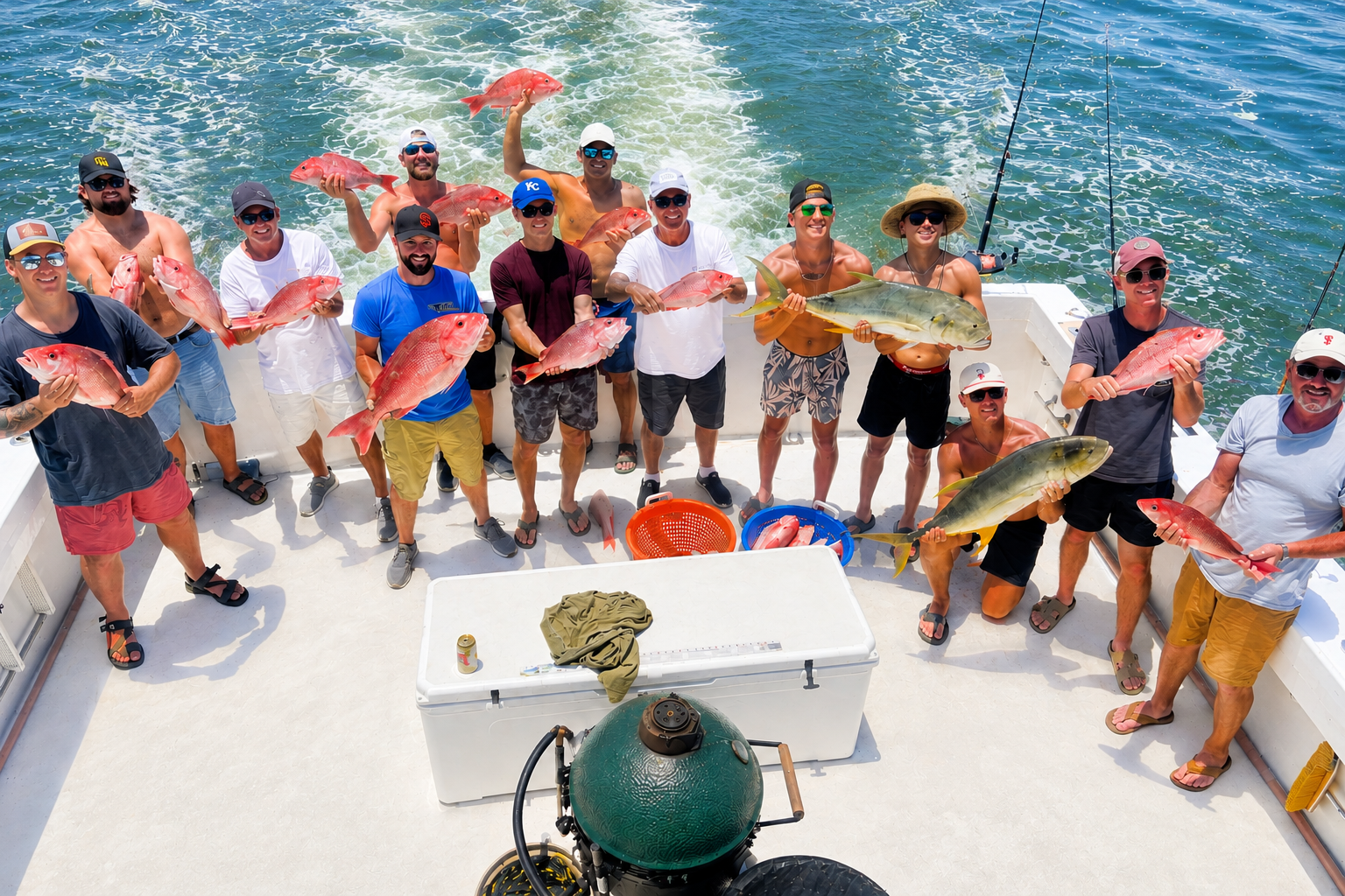 people on homepage w fish, editted large group of guys holding fish caught on Gulf of America on back of private offshore fishing boat out of Fort Morgan